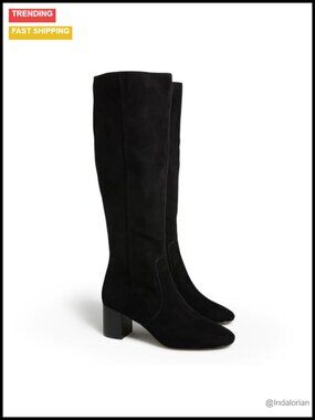 Faux Suede Chunky Heel Knee High Boots Side Zipper Round Toe Tall Fall Winter